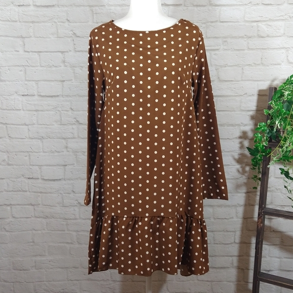 OYE Cute Brown Polkadot Casual Retro Boho Loose Fit Swing Long Sleeve Dress NWT - Picture 7 of 10